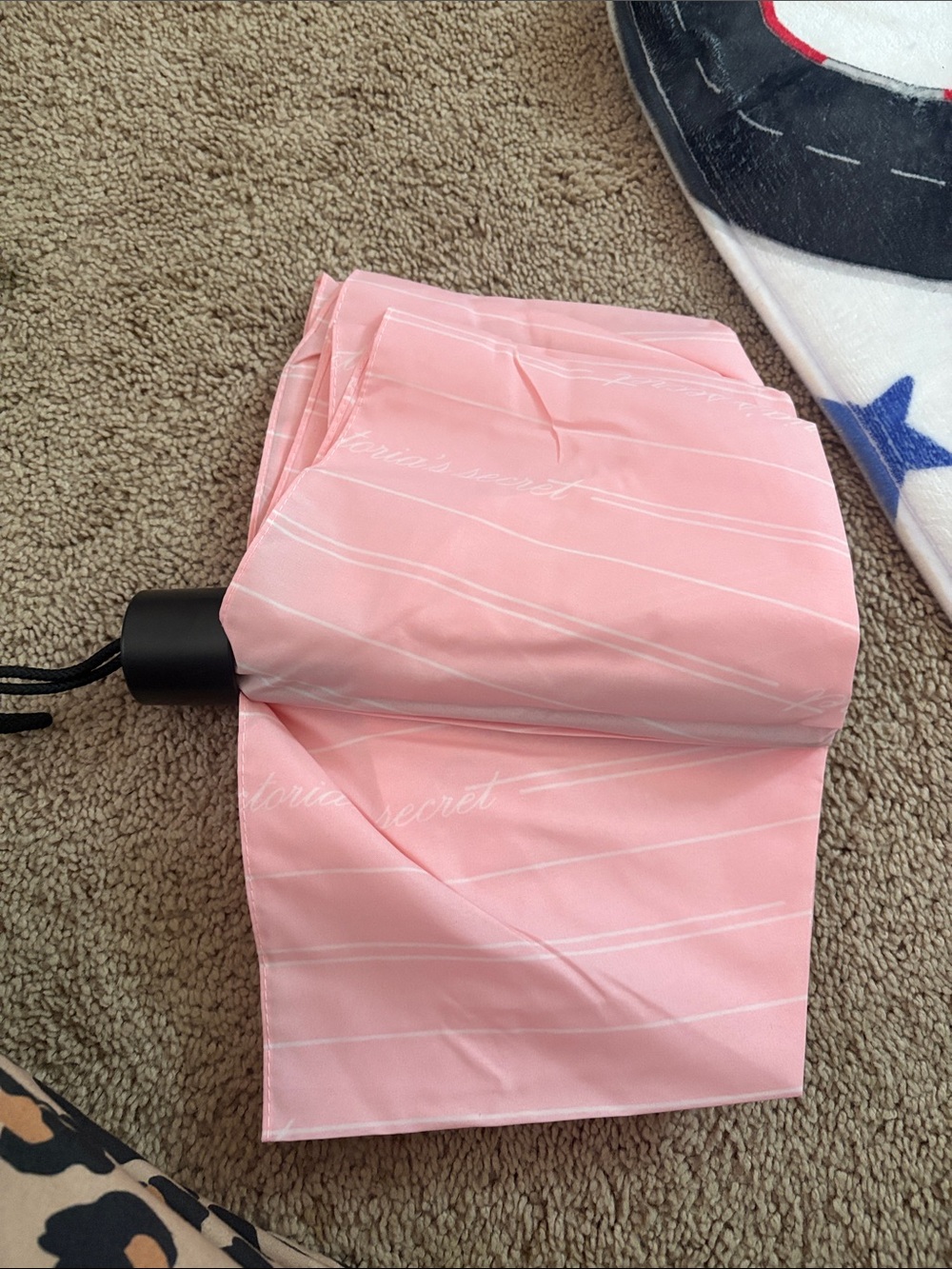 Victoria's Secret Pink Compact Umbrella with White Stripe Detail